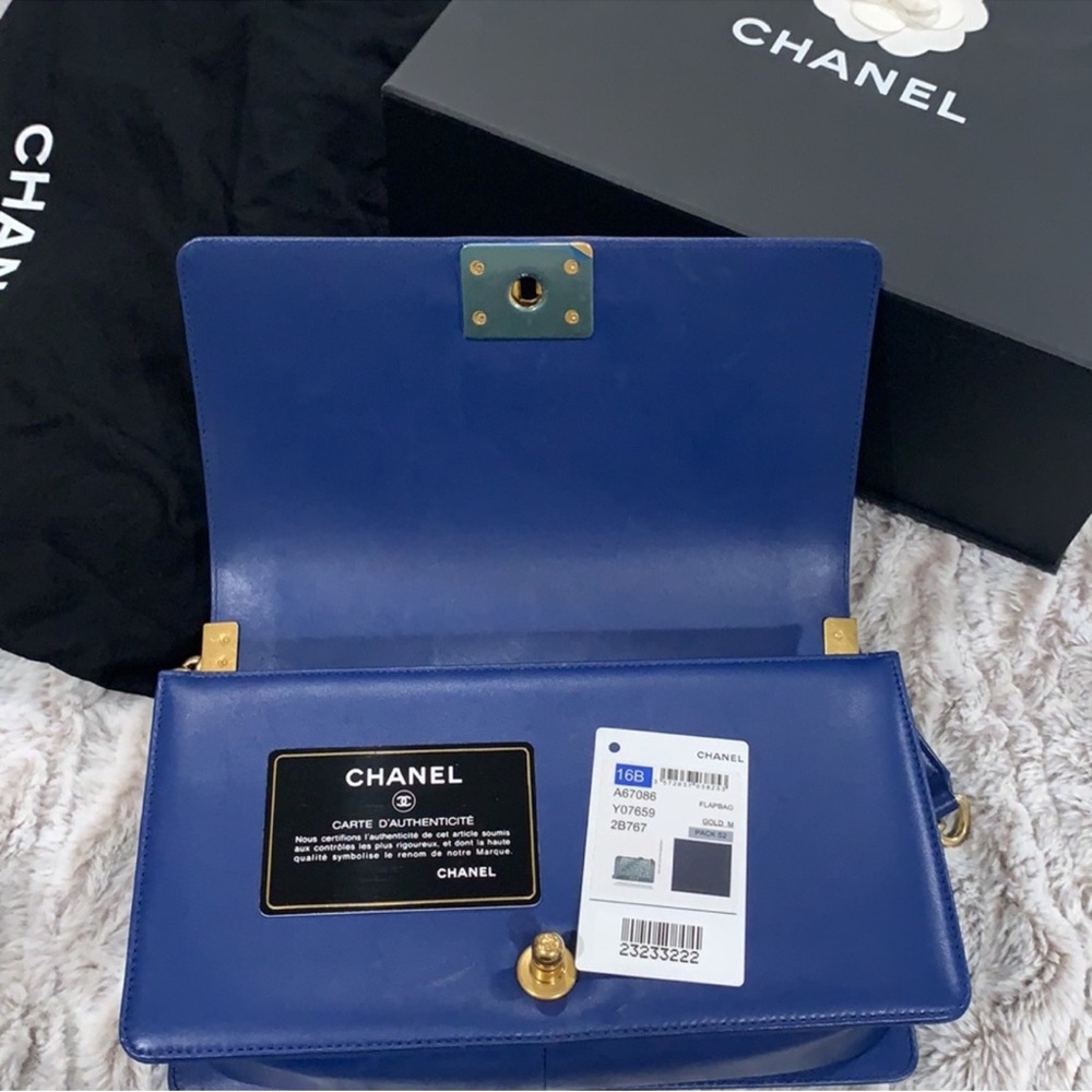 Chanel Blue Boy Bag with Gold Chain - Picture 12 of 14